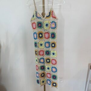 Crochet Midi Dress with Multicolor Floral Squares